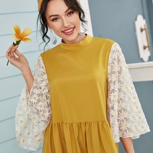 Gold Mini Dress/log top With Daisy Bell Sleeve & raw hem